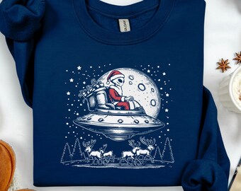 Retro Alien Santa Sweatshirt, Funny UFO Christmas Crewneck, Vintage Sci-Fi Holiday Sweater, Spaceman Santa Gift, Weird Xmas Pullover