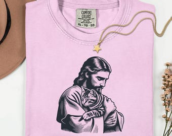 Jesus Hugging Cat Shirt, Christian Cat Lover Gift, Wholesome Religious Tee, Comfort Colors® Jesus With Kitten, Faith Based Animal Art