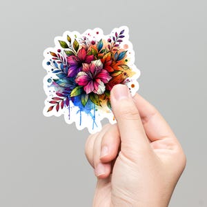 Aquarell Blumen Explosion Aufkleber | Bunter Hibiskusstrauß | Wasserdichte Vinyl-Aufkleber für Journals, Laptops, Wasserflaschen - 4,8 cm x 2 cm