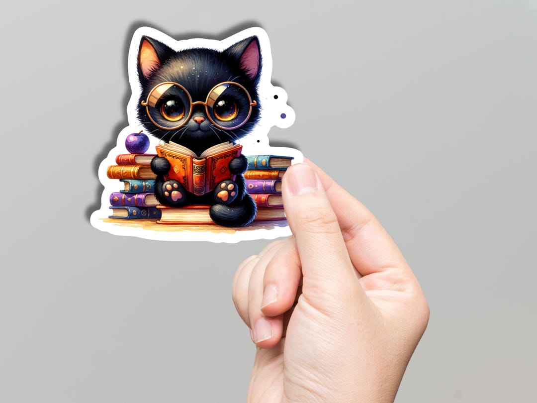 Black Cat Reading Books Vinyl Sticker | Witchy Bookish Cat Aesthetic ...