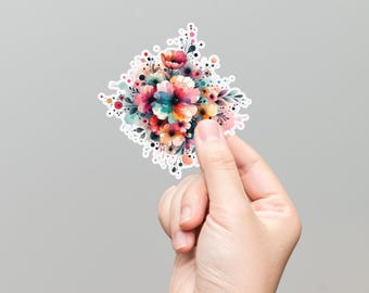 Vinylsticker aquarel bloemen | Esthetische bloemsticker | Waterdichte gestanste sticker voor laptop, tijdschrift, waterfles – 2 x 2 inch