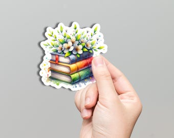 Floral Book Stack Vinyl Sticker Watercolor Books with Blossoms Waterproof Cottagecore Sticker for Journals, Laptops, Water Bottles – 2” x 2”