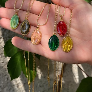 Colorful Virgin Mary necklace, handmade religious pendant, communion/baptism gift, Mary medallion, religious necklace, handmade necklace