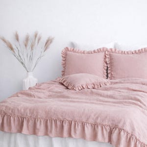 Ruffled Linen Duvet Cover Set,100% Softened Quilt Cover with Pillowcase, Bedding Set King Queen Full Twin Cal King, Rustic Farmhouse