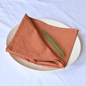 May include: A folded rust-colored linen napkin rests on a white ceramic plate. A sprig of green foliage is placed on top of the napkin. The plate is set on a white tablecloth, creating a simple, elegant table setting.