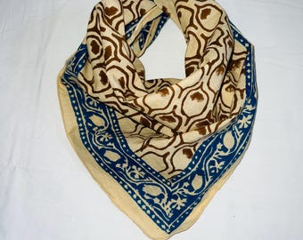 Hand Block Printed Organic Cotton Bandana, Brown & Blue Floral Scarf