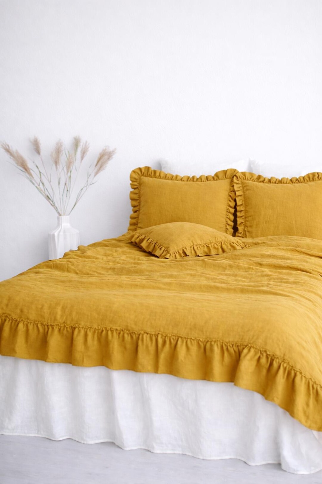 Mustard Yellow Linen Bedding Set, Shabby Chic Ruffled Duvet Cover - Etsy