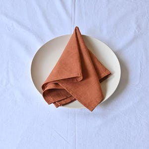 May include: A folded, terracotta-coloured linen napkin sits on a white ceramic plate. The plate is on a white tablecloth. The napkin is folded into a triangle shape, with multiple layers visible. The image has a simple and elegant aesthetic.
