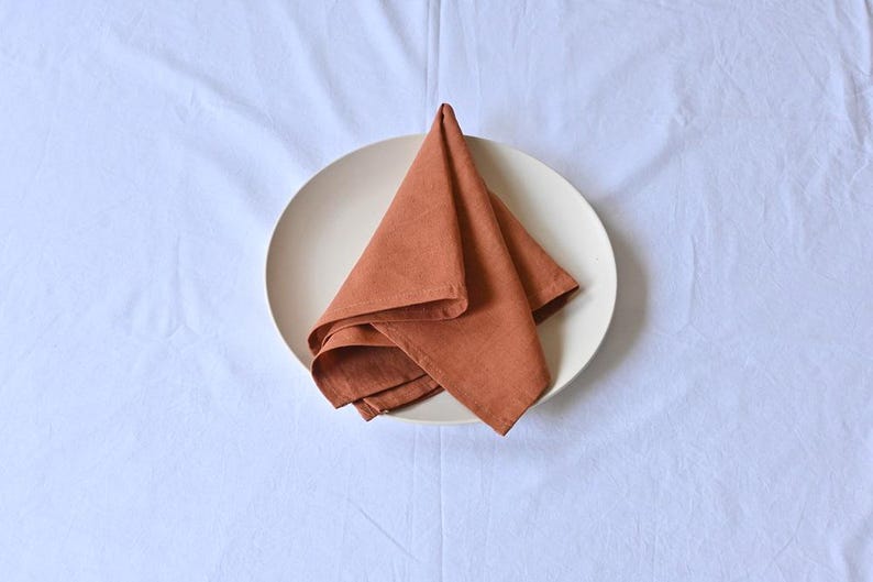 May include: A folded, terracotta-coloured linen napkin sits on a white ceramic plate. The plate is on a white tablecloth. The napkin is folded into a triangle shape, with multiple layers visible. The image has a simple and elegant aesthetic.