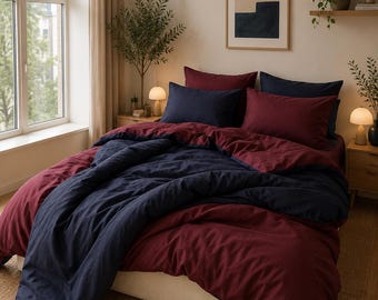 Burgundy and Blue Dual Color Washed Cotton Duvet Cover Duvet Cover With Buttons Duvet Cover Queen King Toddler Cotton Bedding Set
