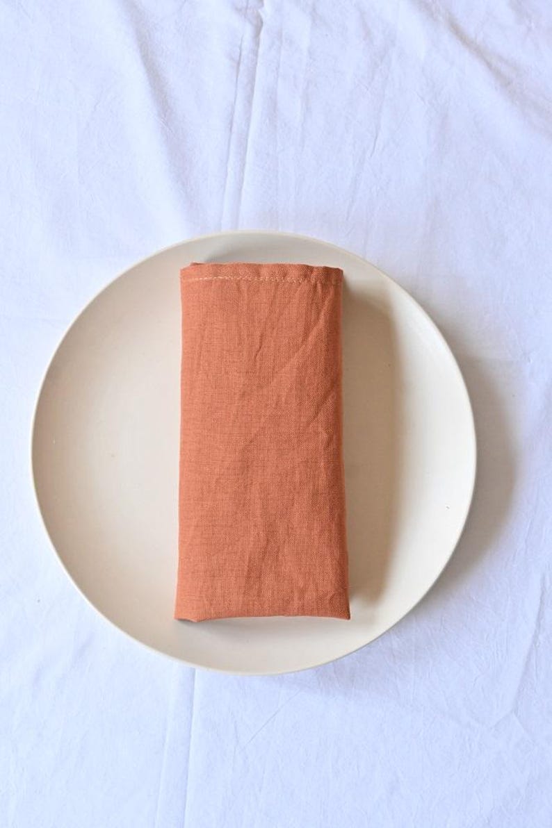 May include: A folded, rectangular terracotta-coloured linen napkin rests on a cream-coloured ceramic plate. The plate is set against a white, textured background, suggesting a dining or table setting theme.