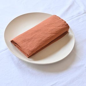 May include: A folded, terracotta-coloured linen napkin sits on a cream-coloured plate. The plate is on a white, textured surface. The napkin is rectangular and appears to be made of a soft, natural fabric.