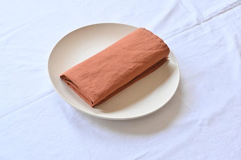 May include: A folded, terracotta-coloured linen napkin sits on a cream-coloured plate. The plate is on a white, textured surface. The napkin is rectangular and appears to be made of a soft, natural fabric.