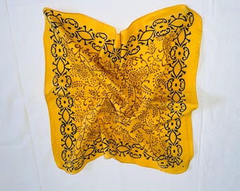 Mustard  Yellow Cotton Bandana, Hand Block Print Neck Scarf, Bohemian Style Bandana