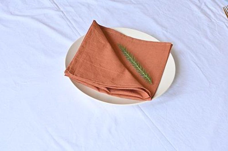 May include: A folded, terracotta-coloured linen napkin sits on a white ceramic plate. A sprig of green foliage is placed on top of the napkin. The plate is set on a white tablecloth, creating a simple, elegant table setting.