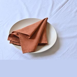 May include: A folded terracotta-coloured linen napkin sits on a cream-coloured plate. The plate is on a white, slightly creased tablecloth. The napkin is folded into a triangular shape, with several layers visible.