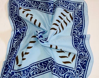 Blue Block Print Cotton Bandana, Bohemian Neck Scarf, Handkerchief Bandana