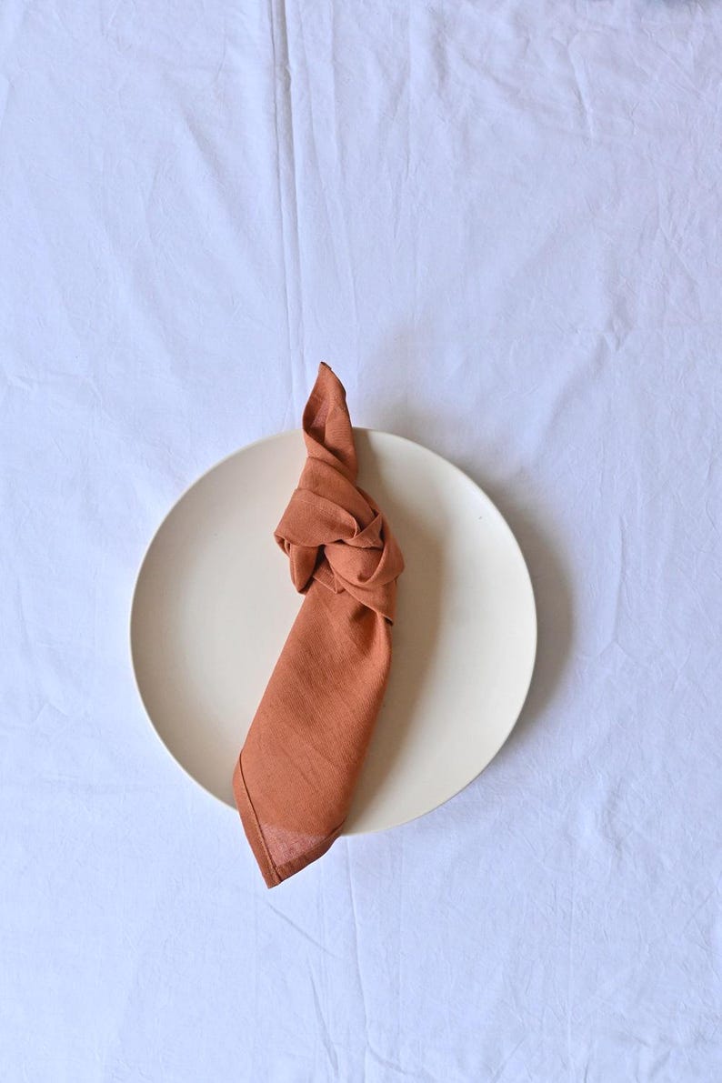 May include: A terracotta linen napkin, knotted decoratively, sits on a cream plate. The plate rests on a white, textured tablecloth. The napkin adds a touch of colour and texture to the minimalist setting.