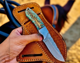 Handmade Damascus Steel Cowboy Knife, Pine Cone Handle, Pancake Leather Sheath, Special Occasion Gift