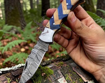 Handmade Damascus Steel Folding Knife, Olive Wood Handle, Leather Pouch