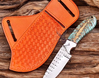 Custom Rasp Steel Cowboy Knife, Pine Cone Handle, Leather Sheath