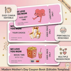 May include: Pink Mother's Day coupon book template with three designs. Each coupon features the text "WE LOVE YOU MOM" and a unique graphic: a heart hugging itself, gift boxes, and popcorn with a drink. Includes "Easy Canva Editable" and "Printable & Resizable" text.