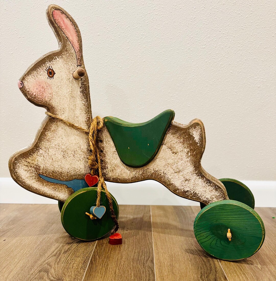 Vintage Wood Bunny Pull Toy – Primitive Folk Art – Distressed Farmhouse ...