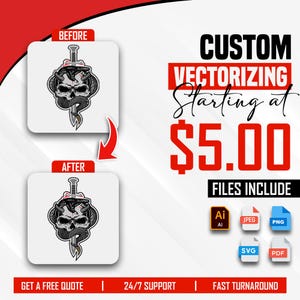 Puede incluir: Imagen que promociona servicios de vectorización personalizada. Presenta un diseño de calavera con una serpiente enrollada alrededor de una daga, con etiquetas "ANTES" y "DESPUÉS". El texto dice "VECTORIZACIÓN PERSONALIZADA Desde 5,00 €" e incluye iconos de tipos de archivo. Texto adicional: "OBTENGA UNA COTIZACIÓN GRATUITA | SOPORTE 24/7 | ENTREGA RÁPIDA."