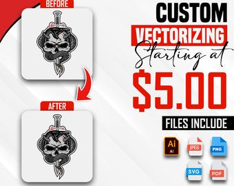 Puede incluir: Imagen que promociona servicios de vectorización personalizada. Presenta un diseño de calavera con una serpiente enrollada alrededor de una daga, con etiquetas "ANTES" y "DESPUÉS". El texto dice "VECTORIZACIÓN PERSONALIZADA Desde 5,00 €" e incluye iconos de tipos de archivo. Texto adicional: "OBTENGA UNA COTIZACIÓN GRATUITA | SOPORTE 24/7 | ENTREGA RÁPIDA."