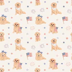 May include: A repeating pattern on a light cream background featuring golden retriever puppies in various poses, some wearing patriotic bandanas or bows, others holding American flags or wearing heart-shaped glasses, interspersed with red and blue stars.