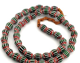 Vintage Venetian Chevron Glass Beads: Red, White, and Blue - 22 Inch Strand