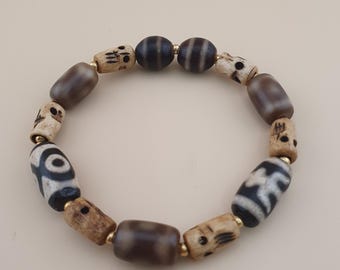 Vintage 2 Eyes Himalayan Tibetan Agate & Unique Pattern Agate Beads Bracelet