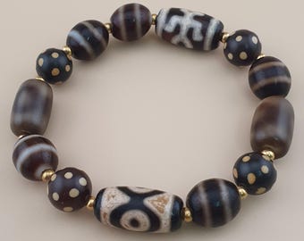 Vintage Himalayan Tibetan Dzi Agate Beads 2-Eyes Bracelet with Dotted Quartz