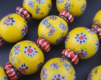 Antique Venetian Style Yellow Millefiori Glass Beads & Chevron Necklace Strand
