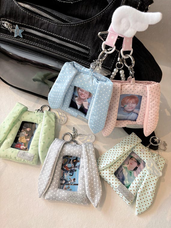 Handmade Kpop Bunny Ear Photocard Holder | Polka Dot Fabric Card Case Bag Charm