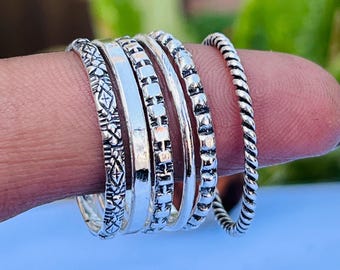 Handmade Sterling Silver Stacking Rings Set: Boho Twisted & Textured Bands