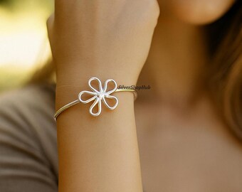 Handmade Silver Flower Bangle Bracelet, Sterling Silver Floral Cuff, Dainty Adjustable Bangles