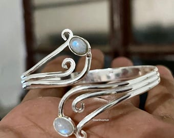 Handmade Sterling Silver Moonstone Bangle: Boho Gemstone Bracelet