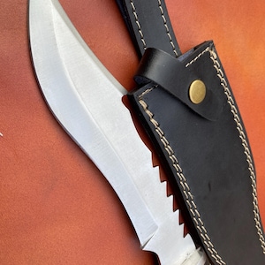 Handgjord jaktkniv, benhandtag, stålblad, överlevnadsredskap för camping, läderslida