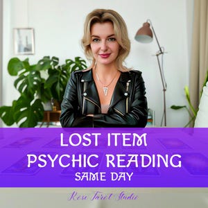 May include: A woman in a black leather jacket with gold zippers and a silver pendant necklace. The image has text that reads "LOST ITEM PSYCHIC READING SAME DAY" and "Rose Tarot Studio".