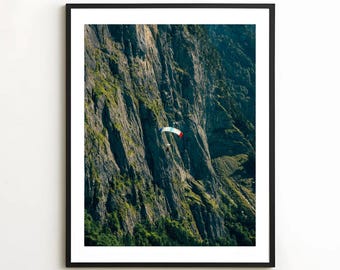 Swiss Alps Base Jumper Print | Lauterbrunnen Valley Photography, Mountain Landscape, Switzerland Travel Poster, Skydiving