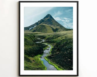 Iceland Mountain Print | Green Moss River Photo, Landscape Photography Wall Art