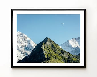 Swiss Alps Paragliding Print | Mountain Wall Art, Landscape Photography, Switzerland Travel Poster, Grindelwald Interlaken