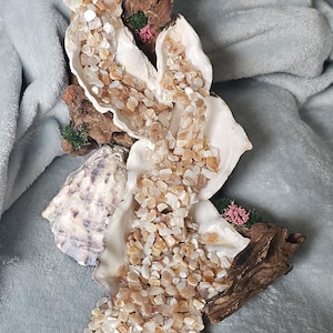 Op de afbeelding: Een decoratief schelpenarrangement met meerdere open schelpen gevuld met kleine, beige kiezelstenen. De schelpen zijn bevestigd aan een stuk drijfhout, met kleine roze bloemen en groene mosaccenten.