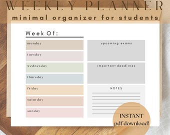Planificador semanal minimalista para estudiantes: Organizador académico (descarga digital)