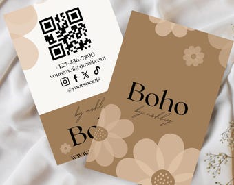 Plantilla de tarjeta de presentación floral bohemia: Diseño editable en Canva con código QR