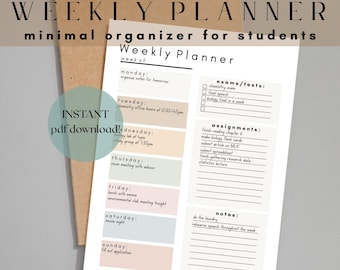 Planificador estudiantil minimalista: Registro semanal de tareas (PDF imprimible en tamaños A4/A5/Carta)