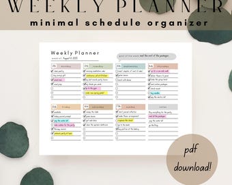 Planificador semanal minimalista: Descarga digital sin fecha (tamaños A4, A5 y carta)