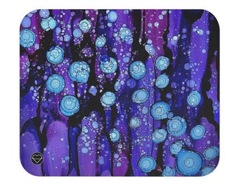 Alfombrilla de ratón/alfombrilla de escritorio rectangular con diseño abstracto de burbujas azules y moradas.