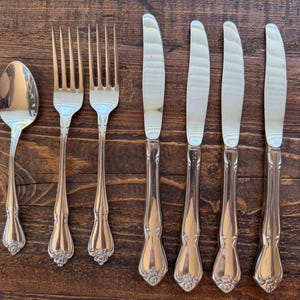 May include: A set of seven pieces of stainless steel flatware consisting of one spoon, two forks, and four knives. Each piece features a polished silver finish and a decorative floral motif embossed at the base of the handle with a smooth stem.
